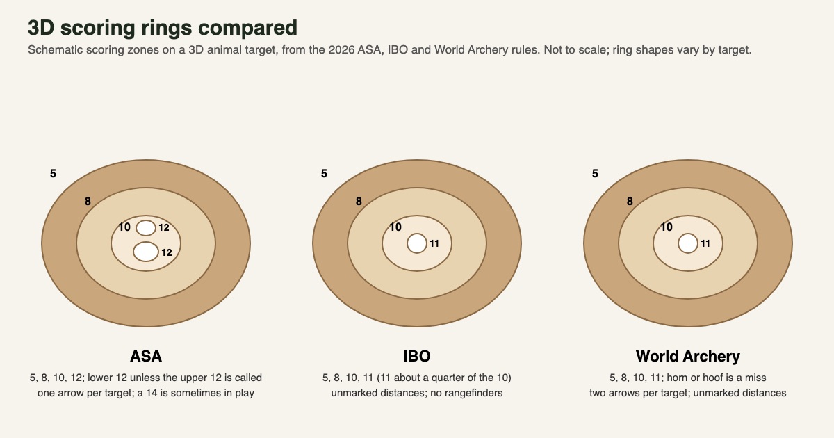 Schematic comparison of 3D archery scoring zones: ASA 5, 8, 10 and upper and lower 12 rings; IBO 5, 8, 10 and 11; World Archery 5, 8, 10 and 11, with notes on arrows per target and distances