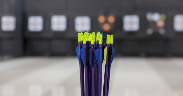 Bundle of arrows with bright fletchings in front of an indoor archery range