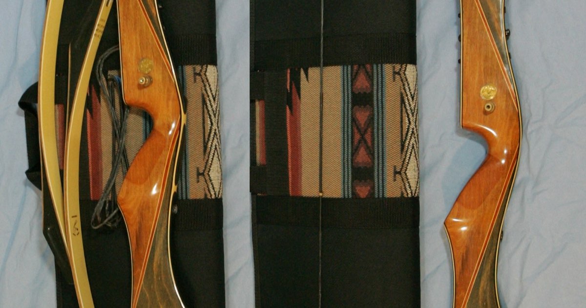 Two wooden-riser takedown recurve bows displayed side by side