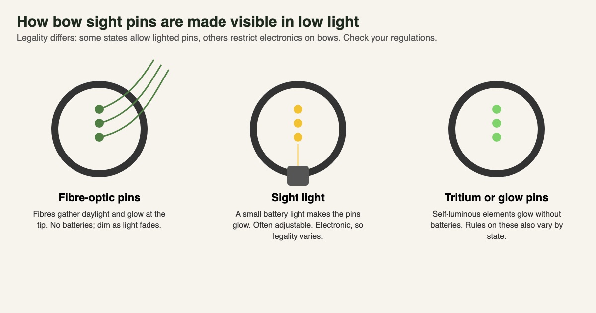Diagram of three ways sight pins glow in low light: fibre-optic pins, a battery sight light and self-luminous pins