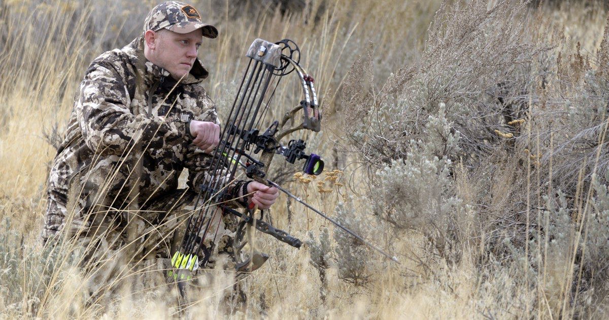 Bowhunter in camouflage drawing a compound bow while kneeling in sagebrush