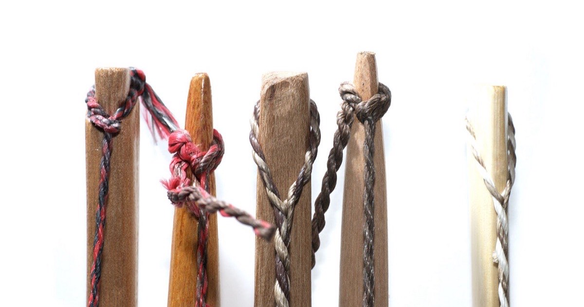 Several wooden bow limb tips with bowstring loops seated in their string nocks