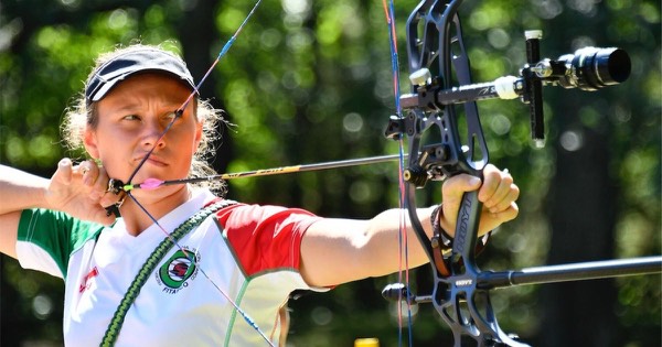 Compound archer at full draw during the 2022 World Archery 3D Championships in Terni, Italy