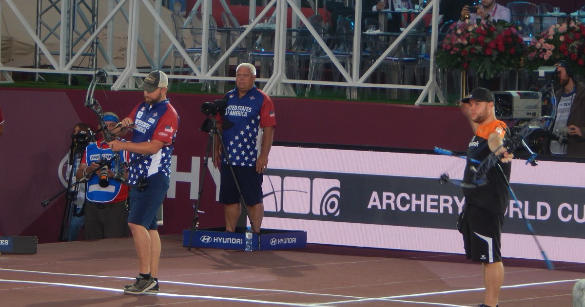 Colombian compound archers waiting beside a broadcast camera at the 2019 Archery World Cup Final in Moscow