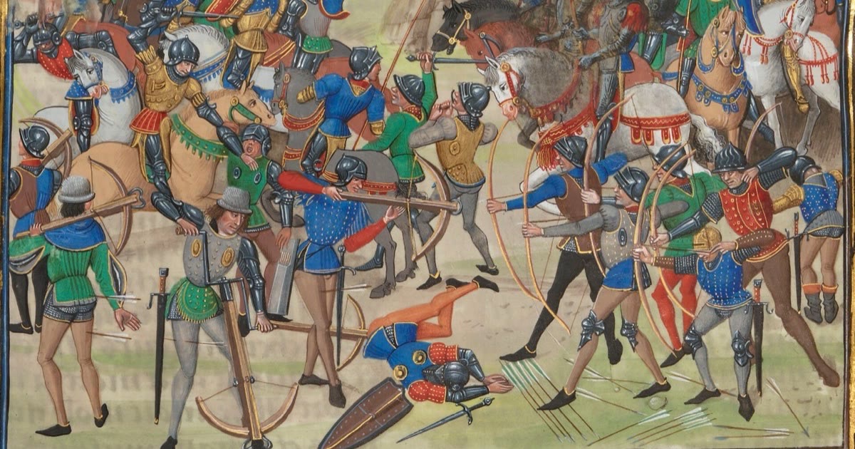 Fifteenth-century manuscript painting of the Battle of Crécy, with crossbowmen spanning and shooting crossbows on the left and longbowmen on the right
