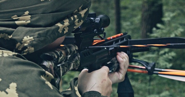 A hunter in camouflage aiming a scoped modern crossbow in woodland; the crossbow shown is not a Ravin R29X