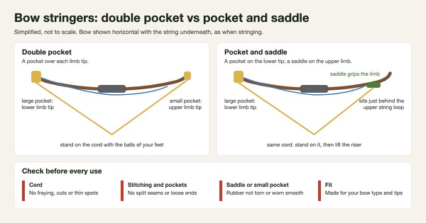 Simplified diagram of two bow stringer types on a recurve held horizontally: a double-pocket stringer with a large pocket on the lower limb tip and a small pocket on the upper tip, and a pocket-and-saddle stringer whose saddle grips the upper limb just behind the string loop, with a checklist to inspect the cord, stitching, saddle and fit before each use