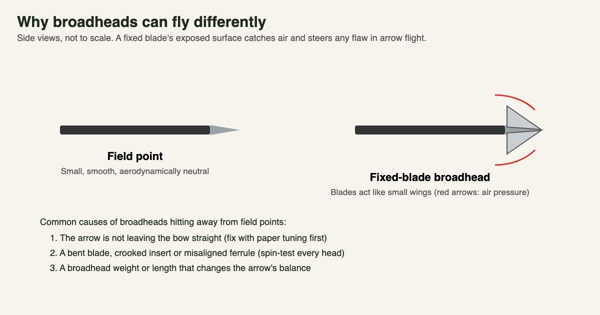 Side views of a field point and a fixed-blade broadhead, showing how exposed blades catch air, with common causes of different impact