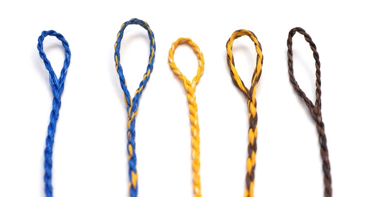 Five hand-made bowstrings with Flemish-spliced end loops in blue, yellow and brown