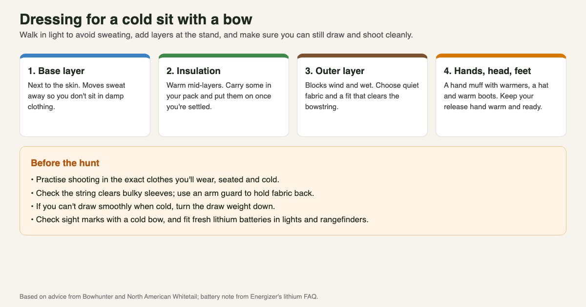 Graphic of cold-weather layering for bowhunting: base layer, insulation, outer layer, and hands, head and feet, plus a before-the-hunt checklist on practising in hunting clothes, string clearance, draw weight, sight marks and lithium batteries