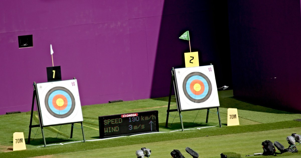 Two archery targets at the 70-metre line at the London 2012 Olympic archery venue