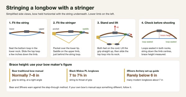 Simplified four-step diagram of stringing a longbow with a stringer: seat the bottom loop and slide the top loop down the upper limb, fit the pocket on the lower tip and the saddle behind the top loop, stand on the cord and lift the grip while sliding the loop into its nock, then check both loops are seated and measure brace height, with brace height guidance from Bear, Black Widow and 3Rivers
