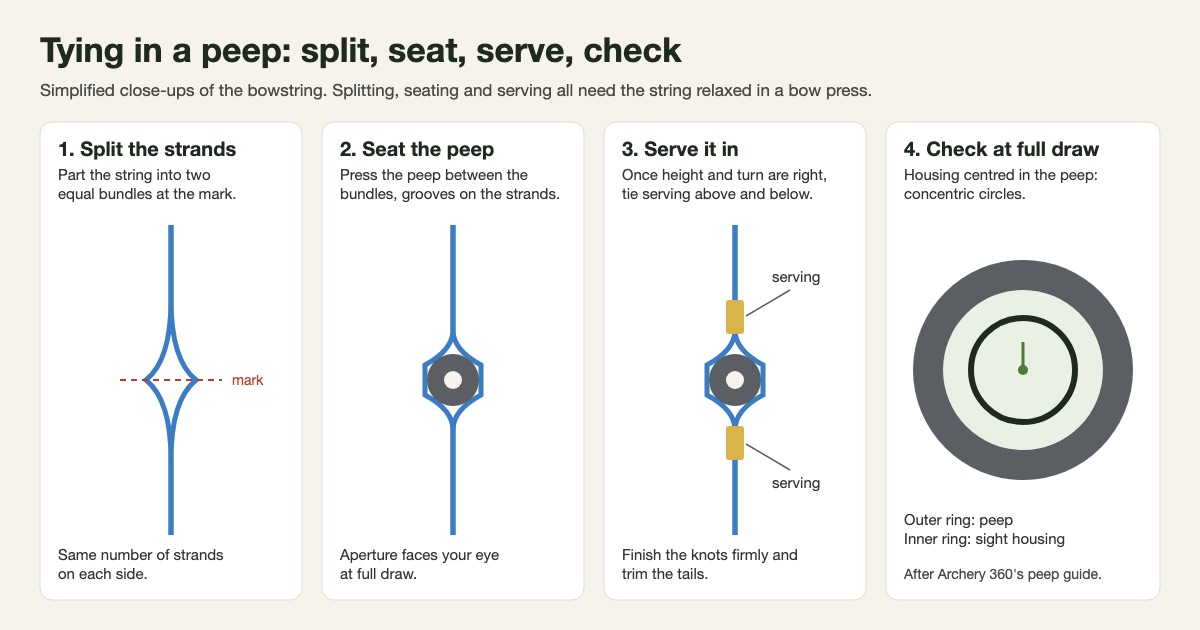 Simplified four-step diagram of tying in a peep sight: split the bowstring strands evenly, seat the peep, serve above and below, then centre the sight housing in the peep at full draw