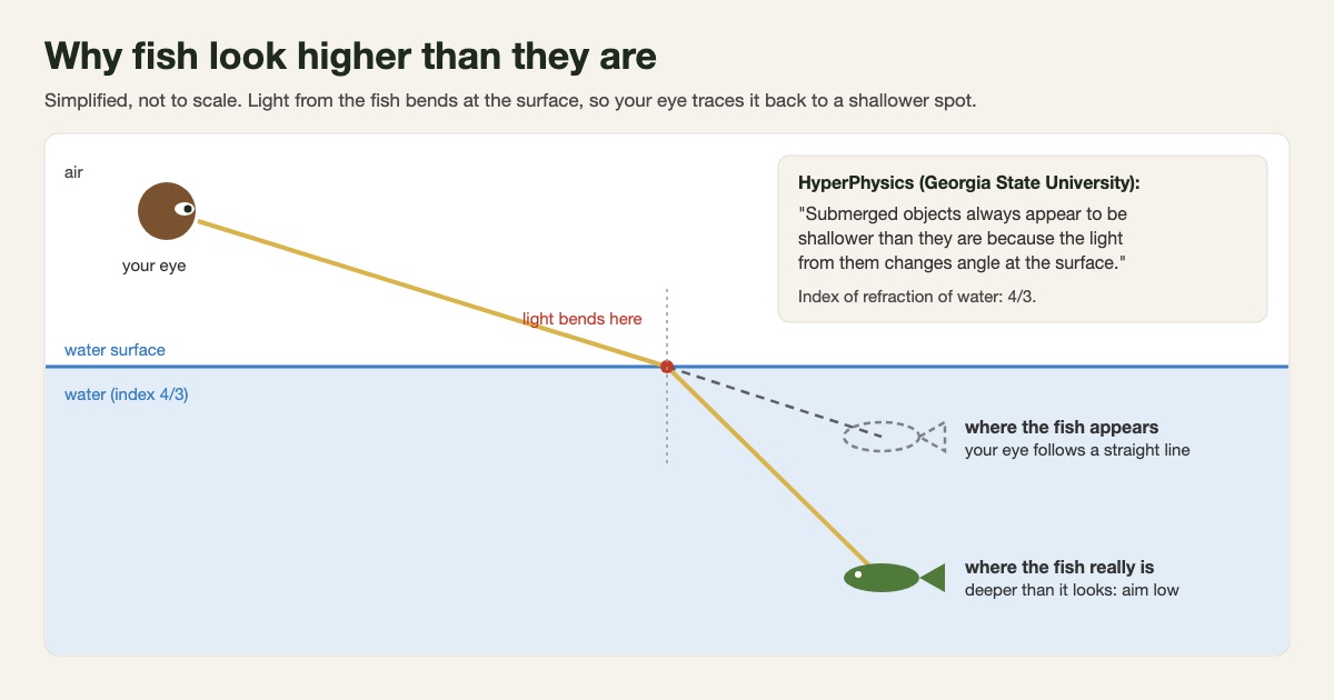 Simplified diagram: light from a fish underwater bends at the water surface on its way to an archer's eye, so the fish appears higher and shallower than its real position