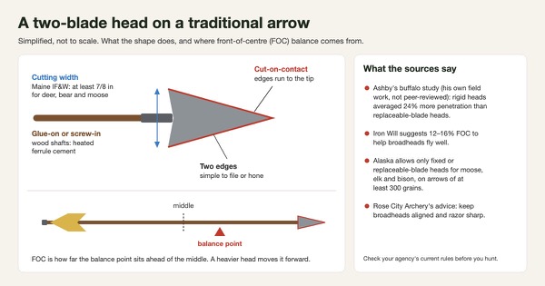 Simplified diagram of a two-blade cut-on-contact broadhead on a wooden arrow, showing cutting width, the two sharpened edges and the arrow's balance point ahead of the middle, with notes from Ashby, Iron Will, Alaska regulations and Rose City Archery