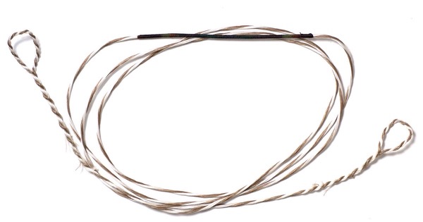 A two-colour Flemish twist bowstring in brown and white, with twisted end loops at each end and a dark centre serving