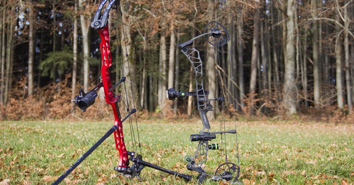 Two modern compound bows with cams, cables, stabilisers and sights standing on grass