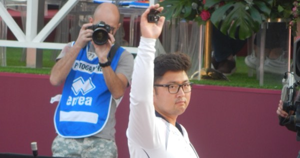 Finals-field scoreboards and sponsor hoardings including Hyundai and Longines at the 2019 Archery World Cup Final in Moscow