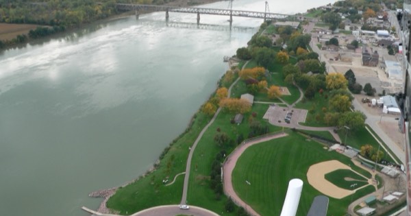 Aerial view of Yankton, South Dakota, and the Meridian Bridge over the Missouri River