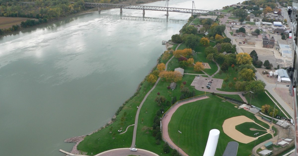 Aerial view of Yankton, South Dakota, and the Meridian Bridge over the Missouri River